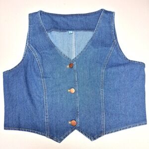 Vintage Style Blue Denim Look Cropped Vest Button Up Western Y2K Boho Size L